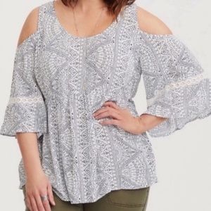 Torrid Cold Shoulder Printed Crochet Detail Blouse